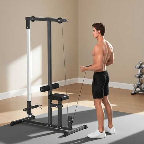 Rack de musculation avec poulie, siège réglable et plusieurs positions de câble, acier, noir, 107 x 120 x 190 cm