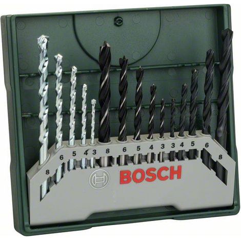 Bosch – Set de 15 forets à métaux, bois et pierre – Diamètres 3 à 8 mm – Tige cylindrique pour perceuse – Coffret pratique (1/6)