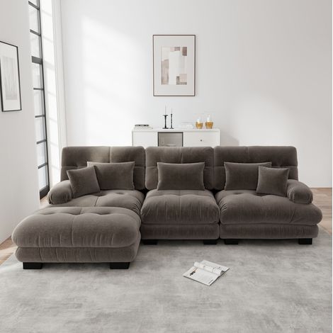 Modulares Ecksofa 313x145x81 cm braun Chenille mit Ottomane und tiefer Sitzfläche (1/5)