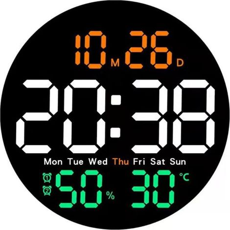 Orologio da parete digitale con telecomando, LED, luminosità regolabile su 10 livelli, regolazione automatica della luminosità, calendario da parete, timer, conto alla rovescia, tre colori. (1/4)