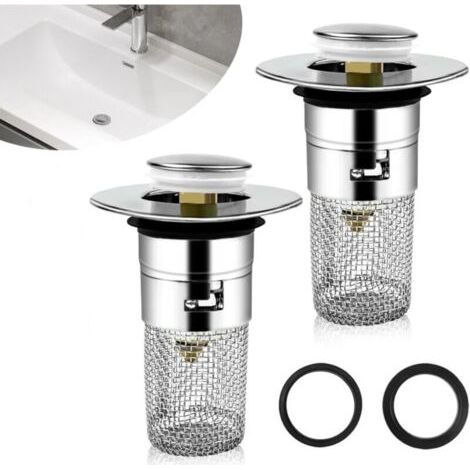 Bonde de lavabo 2pcs – Filtre amovible 33-40mm – Acier inoxydable – Design pop-up pour salle de bain et cuisine