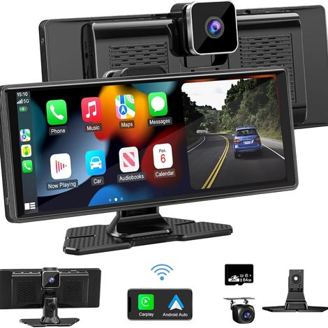 Kabelloses Autoradio, 10,26 Zoll tragbares Autoradio, Carplay-Bildschirm mit 4K vorne + hinten 1080P Dual-Dash-Kamera, kabellose Auto-Wiedergabe mit Mirror Link/S-iri/AUX/64G TF