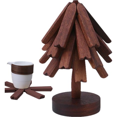 Dessous de plat en bois pour plaques chaudes, dessous de plat en forme d'arbre - Porte-pot en bois résistant à la chaleur,Tapis isolant pour table d'arbre de Noël avec (1/5)