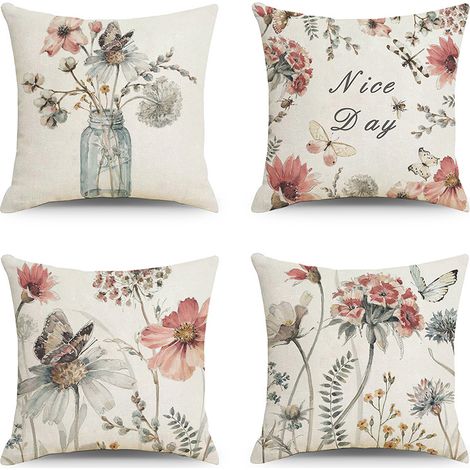 Lot de 4 housses de coussin décoratives en jute, motifs fleurs oiseaux et papillons, 18 pouces, pour canapé et salon, coloris bleu (1/3)