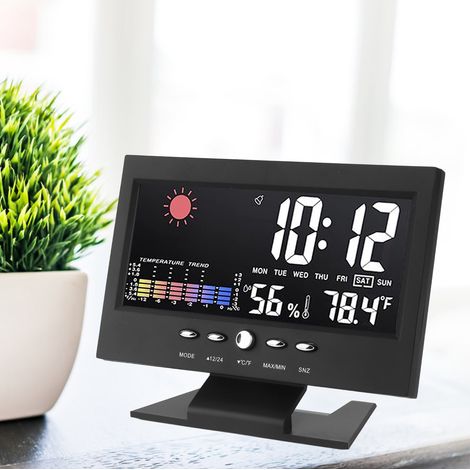 Elektronischer Wecker mit Wetteranzeige, kreativem Farb-LED-Display, Wettervorhersage, Temperatur, Luftfeuchtigkeit, Datum (1/5)