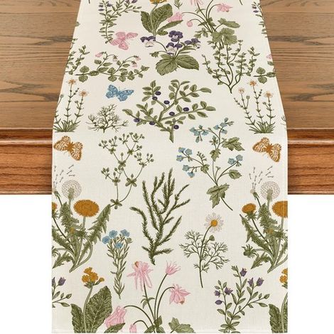 Camino de mesa, Camino de mesa de Pascua, Lino, comedor y fiestas, 33 x 183 cm, Margaritas amarillas, flores y hojas de lavanda (1/5)