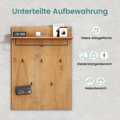 Mai & Mai Garderobenpaneel Wandgarderobe mit Ablage und 5 Haken Wandpaneel Hakenpaneel Garderobenhaken Garderobenboard Kerneiche 78x108cm Gabo-01