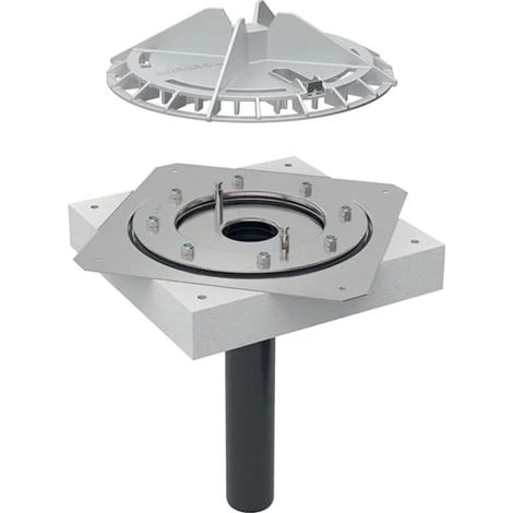 Geberit Pluvia Cazoleta para cubierta con brida de fijación, para láminas de impermeabilización, rejilla para hojas de fundición de aluminio: capacidad de desagüe=1–12l/s, 359106001