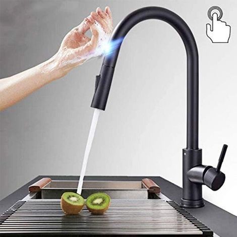Robinet de cuisine à capteur tactile en acier inoxydable noir, mitigeur d'évier de cuisine à deux voies avec douchette extractible, poignée unique (1/4)
