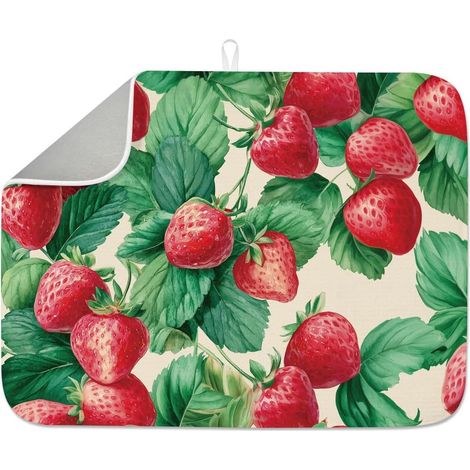 Tapis de séchage à vaisselle en forme de fraise rouge pour comptoir de cuisine, 45,7 x 61 cm, motif feuilles vertes, grand tapis d'égouttage, résistant à la chaleur pour robinet de table (1/5)