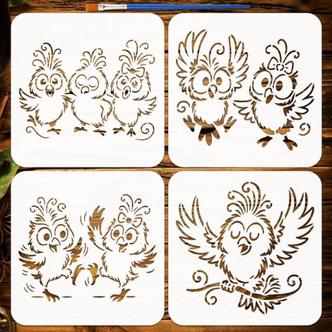 4 Pcs Pochoir Peinture Oiseau avec Pinceau, 20x20cm Réutilisable Pochoir Silhouette d'Oiseaux Modèle Thème Animal pour Peinture sur Mur Sol Tissu Meuble DIY Artisanat (1/5)