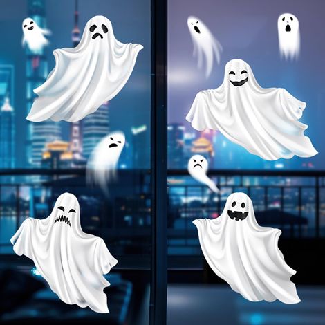 Autocollants fantômes blancs pour fenêtres - Stickers statiques double face pour vitres, idéaux pour la décoration d'Halloween et une ambiance effrayante à la maison (1/5)