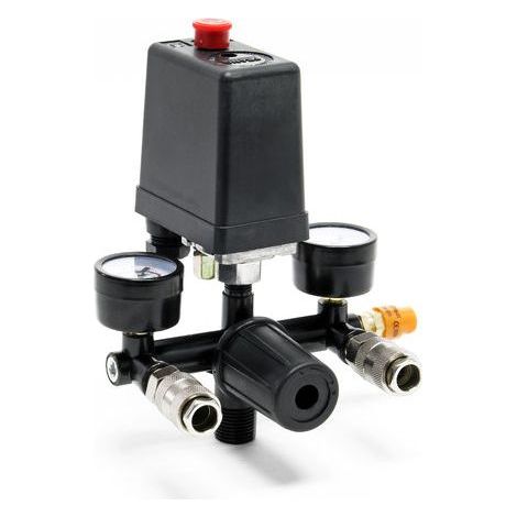 Régulateur de pression 165 x 130 x 200 mm avec pressostat pour compresseur avec 2 afficheurs, 2 raccords et soupape de sécurité, réducteur de pression (1/5)