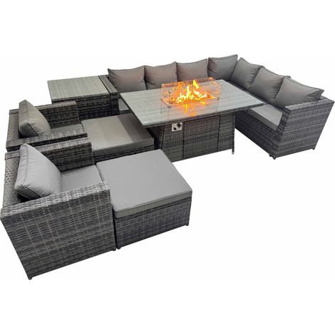 Fimous Garden Rattan Furniture Set 10 Seater Outdoor Corner Sofa 2 Chair Gas Firepit Dining Table Set with 2 Big Stools Side Table Dark Grey (1/5)