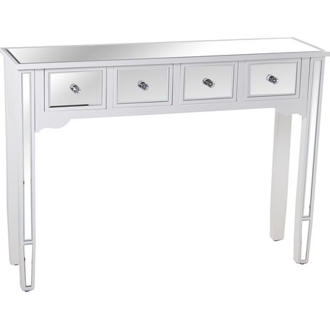 Table d'entrée bois/miroir avec 4 tiroirs blanc 110x30x80 cm (1/4)
