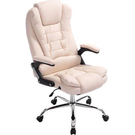 Fauteuil de bureau sur roulettes confortablement rembourrés avec accoudoirs en PVC crème et métal chromé 100002657