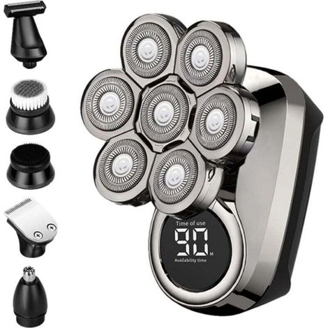 Rasoir électrique 6 en 1 amélioré pour hommes chauves, tondeuse à cheveux en acier inoxydable avec lumière LED et port de chargement USB