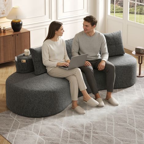 Canapé en lin avec 4 coussins de dossier, garni de mousse haute densité et de ressorts, porte-gobelets et poches de rangement latérales – design unique, confortable et respirant. Idéal pour le salon,  (1/4)