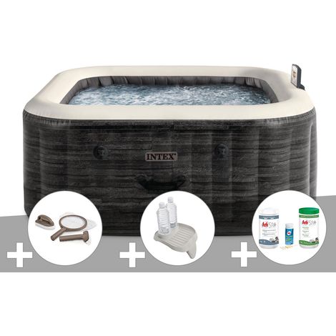 Kit spa gonflable Intex PureSpa Ardoise carré Bulles 4 places + Kit d'entretien + Porte-verre + Kit de traitement brome