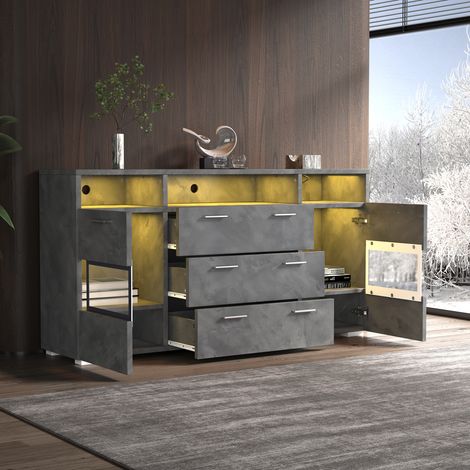 Buffet gris avec 2 portes et 3 tiroirs, 140×33,5×72,5 cm, en acrylique et panneau de particules, meuble de rangement pour salon ou entrée (1/5)