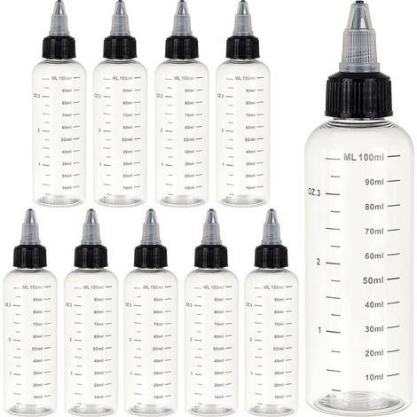 100-ml-Kunststoffflaschen (10er-Pack) mit schwarzen Schraubverschlüssen für Flüssigkeiten, Tinten, Öle, Soßen und kreative Aktivitäten, transparent