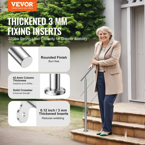 Rampe d'Escalier, 100 cm, Main Courante Escalier pour Marches Extérieur Acier Inox, 2 Barres Transversales, Kit d'Installation, Garde Corps Double Colonne pour Personnes Âgées, Porche, Terrasse (1/5)