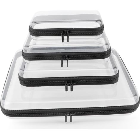 Lot de 4 housses de rangement rigides et transparentes avec fermeture éclair trousses de toilette ou de maquillage étanches boîtes de rangement en plastique pour le bureau et la maison (noir). (1/5)