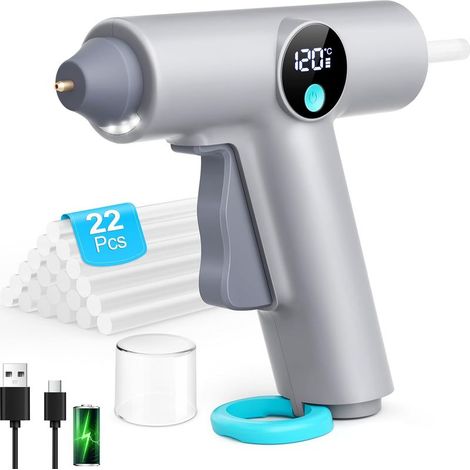 Cordless hot glue gun, fast heating with 22 x 7 mm hot glue sticks, USB-C charging port – ideal as a gift, for school, DIY projects, home and office repairs. (1/5)