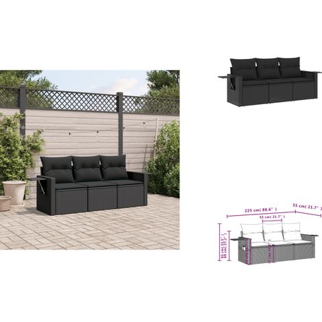 The Living Store Salon de jardin 3 pcs avec coussins noir résine tressée - Meubles extérieurs (1/3)