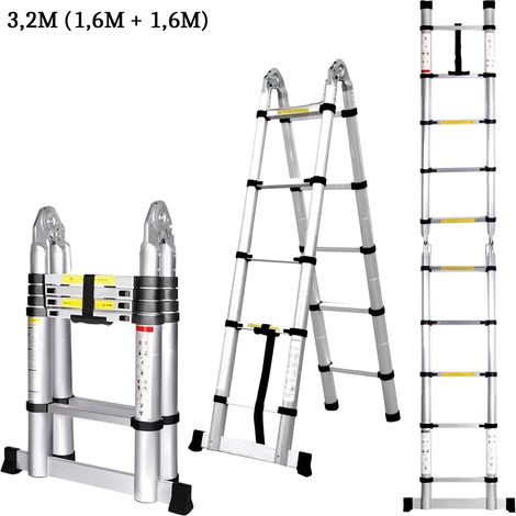 Scala Telescopica Pieghevole, 3.2 Metri Scaletta in Alluminio con Barra Stabilizzatrice Gancio, Carico di 150 kg (Plata) (1/5)