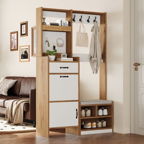 Mobile ingresso con scarpiera e panchina - 108.5 x 35 x 180 cm - appendiabiti da corridoio in legno stile scandinavo - bianco e rovere (1/5)