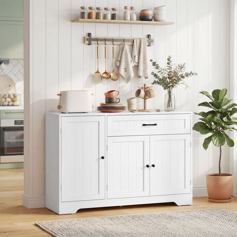 Aparador de cocina moderno con cajón, estantes ajustables, pequeña despensa con compartimentos en la puerta, blanco.