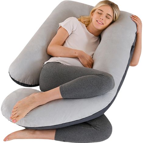 Almohada de embarazo en forma de J con funda de terciopelo, gris con detalles en negro. (1/2)