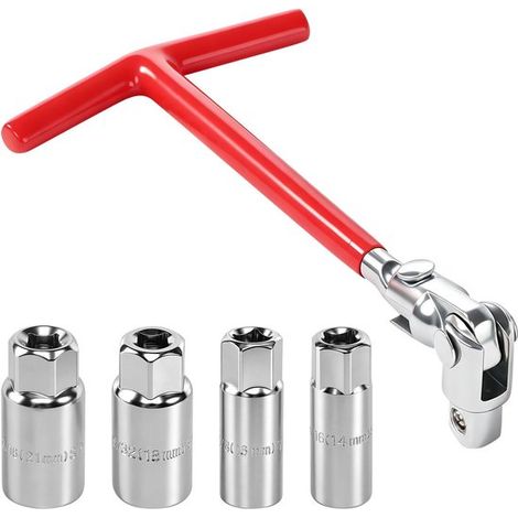 Lot de 5 clés à bougies avec poignée en T, tête flexible et 4 douilles 14, 16, 18 et 21 mm, jeu d’outils pour bougies d’allumage de voiture et moto, rouge (1/5)