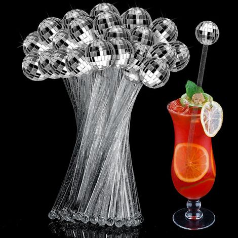 Lot de 24 agitateurs à cocktails en forme de boule disco pailletée, bâtonnets mélangeurs ronds en plastique transparent avec embouts boule disco miroir, agitateurs décoratifs pour boissons, parfaits p (1/5)