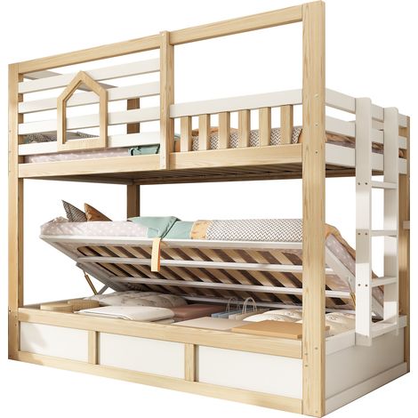 Lit superposé cabane 90x200 cm pour 2 enfants, blanc et bois clair, avec fenêtres, garde-corps et rangement hydraulique, échelle droite – CHICFURN (1/5)