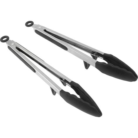 2-teilige 30 cm lange Küchenzange aus Edelstahl mit Silikonspitzen für Grill und Grill, Schwarz (1/5)