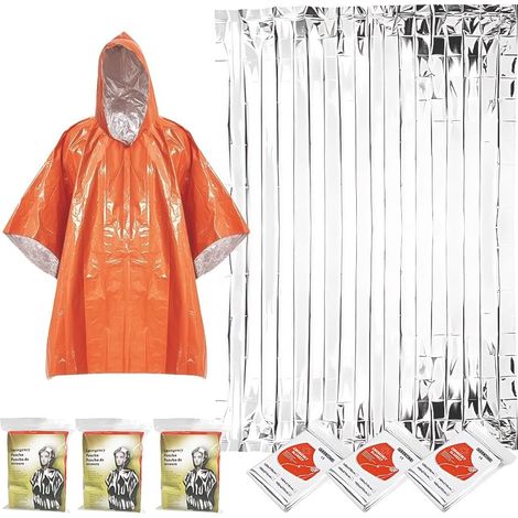 Poncho de survie 4 pièces + couverture de survie thermique 4 pièces, couvertures d'urgence thermiques pour la conservation de la chaleur, imperméable, coupe-vent et réversible pour l'escalade, premier (1/5)