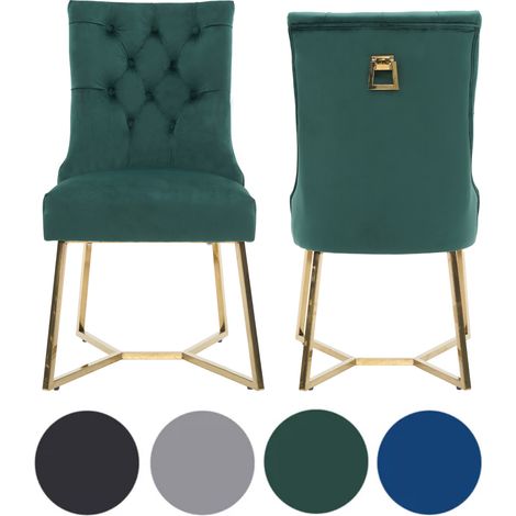Set of 2 Green Ambra Modern Velvet Dining Chairs with Gold Legs & Ring Handle - Tufted Back, Plush Foam Seat, Luxury Accent Chair (1/5)