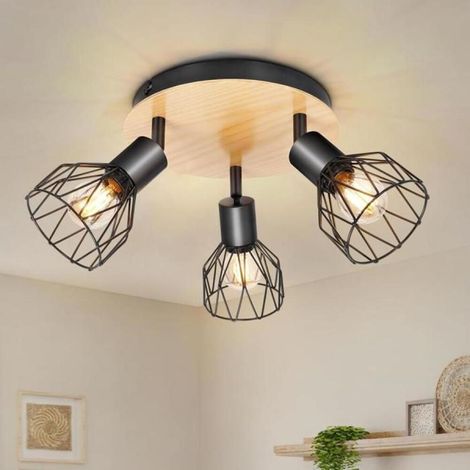 Plafonnier Led Orientable - Luminaire Cuisine 3 Spot - Plafonnier Industriel Noir et Bois Plafond E14 (1/4)