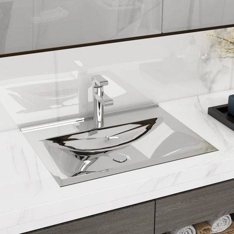 Lavabo à poser avec trop-plein  Lavabo Vasque salle de bain  60x46x16 cm Céramique Argenté (1/4)