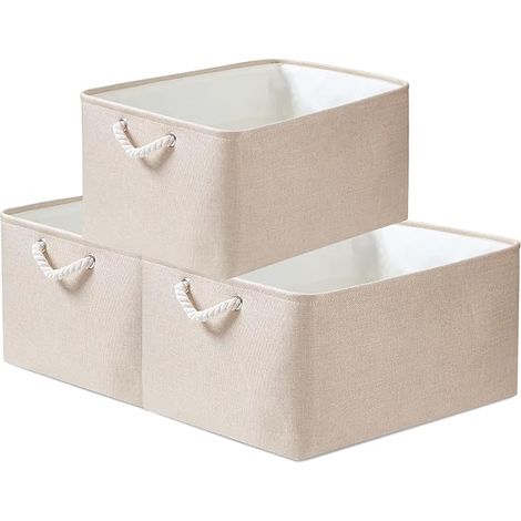 Boîtes de rangement en tissu, 5 Tailles Rectangulaire Panier de rangement dressing, 3 Paquet(Moyen, Kaki clair)