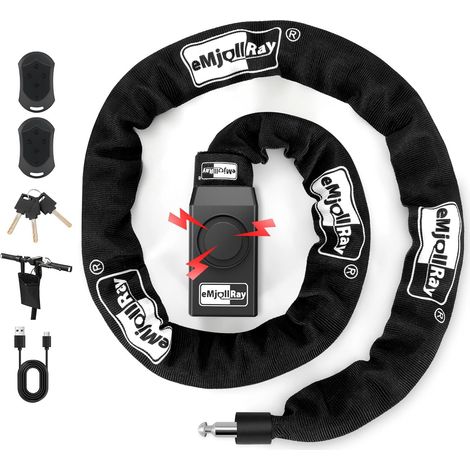 Antivol Velo avec Alarme 120CM 110dB Antivol Alarme Vélo avec Télécommande USB C Rechargeable Chaine Antivol avec 3 Clés et Sac pour Vélo Electrique Trottinette Moto Scooter Poussette Porte (1/5)