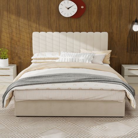 Lit minimaliste rembourré 140 x 200 cm beige, tête douce, base rangement haute à levage au gaz, matelas non inclus