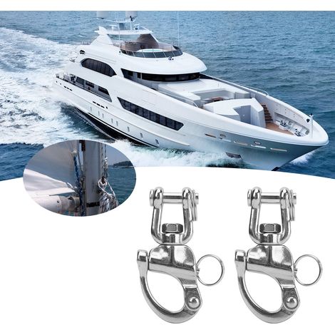 Deux manilles pivotantes à ressort de type fourche en acier inoxydable 316 de qualité marine, chacune de 87 mm de diamètre. (1/5)