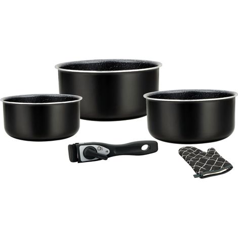 Batterie de cuisine revêtement pierre avec manche amovible 5 pièces noir Herzberg HG8051-BLK (1/5)
