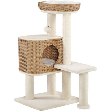 Yaheetech – Arbre à chat en polyrotin 91 cm – Griffoir sisal avec niche supérieure et coussins moelleux – Structure stable et design élégant