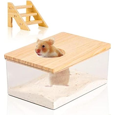 Boîte de bain de sable pour hamster en acrylique transparent : salle de bain carrée avec couverture en bois naturel, escalier pour souris, lemmings, gerbilles, petits animaux ou autres petits animaux (1/5)
