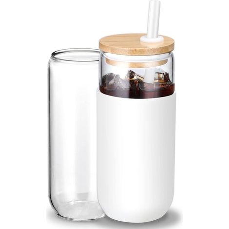 Gobelet isotherme en verre de 590 ml avec manchon de protection en silicone, paille et couvercle en bambou, idéal pour le café glacé (1 unité) (blanc) (1/5)