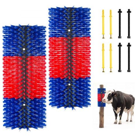 Cepillo Rascador para Ganado, 430 x 190 mm, Paquete de 2 Unidades, Cepillo de Masaje para Caballos Vacas Ovejas, Raspador para Aliviar la Picazón de la Espalda, Tornillos Incluidos, Azul y Rojo (1/5)